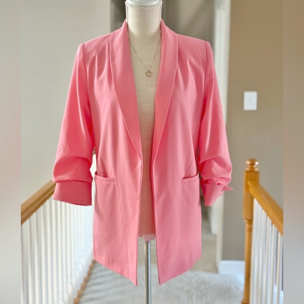 Venus Women Coral Pink Ruched 3/4 Sleeve Open Front Blazer Jacket Size 8